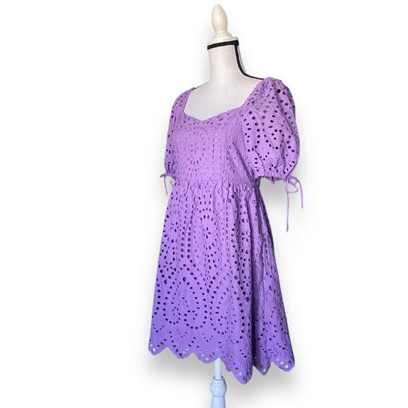 English Factory Scallop Edge Mini Dress Sz S Lavender Purple Puffy Sleeves NWT - Picture 8 of 16